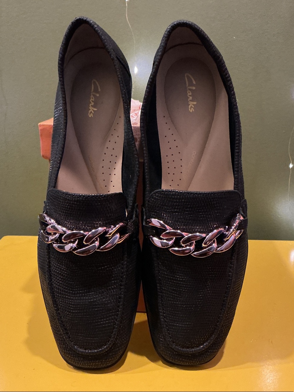 Clarks Black Loafers with Rose Gold Chain Accent